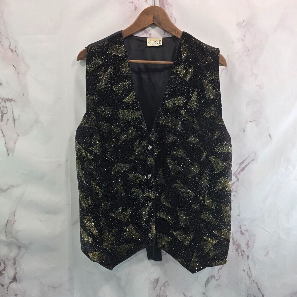Vintage Vest Mens Medium Black 80s Glam Gold Velvet Formal Satin Party Rock